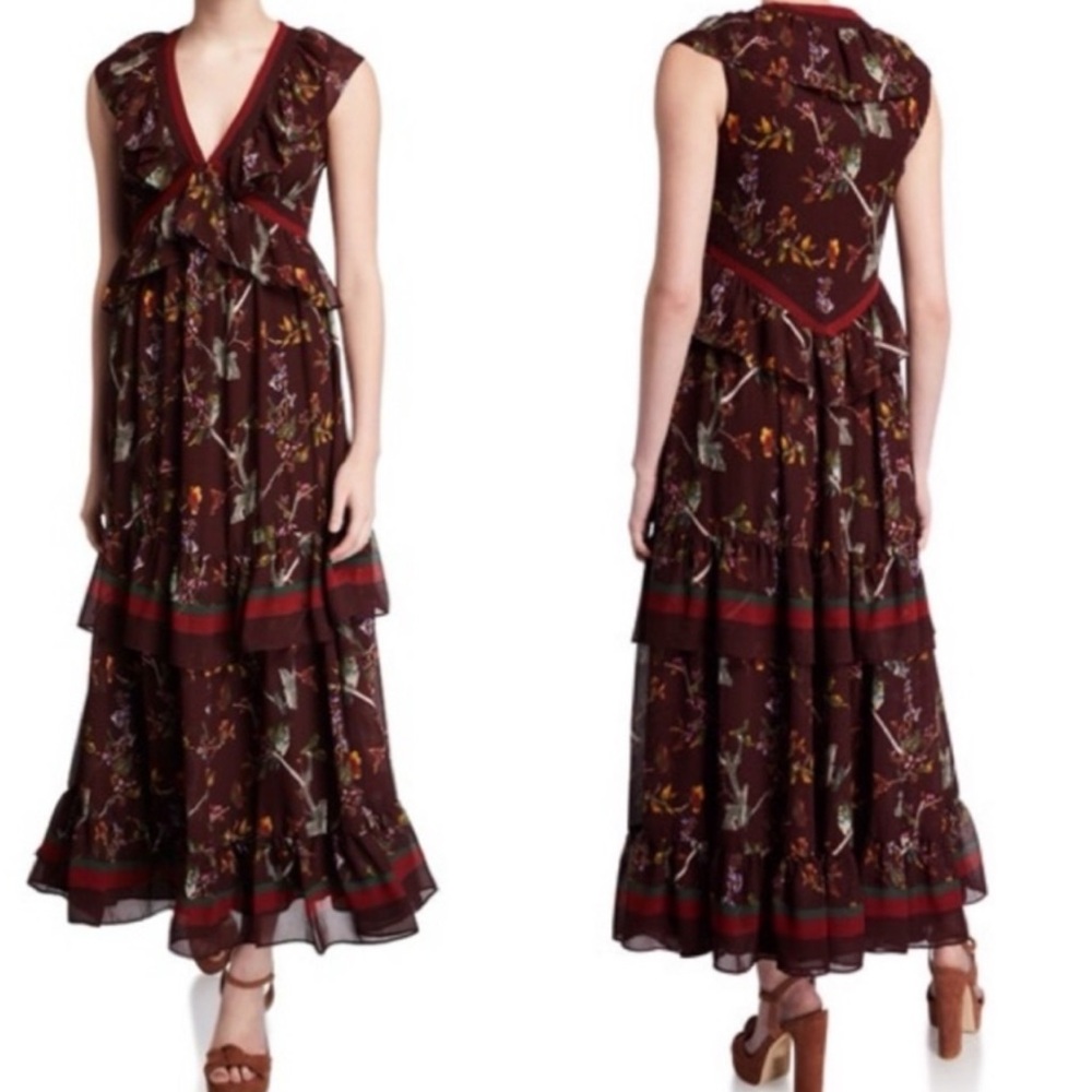 MAX STUDIO Burgundy Floral Maxi Dress with ruffles size Medium